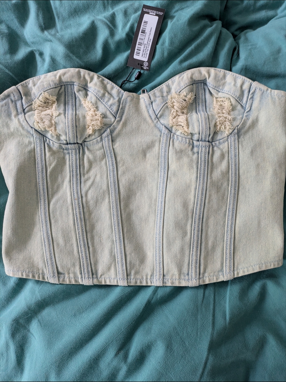 NWT PrettyLittleThing Distressed Denim Strapless Corset Top Light Blue Size 8